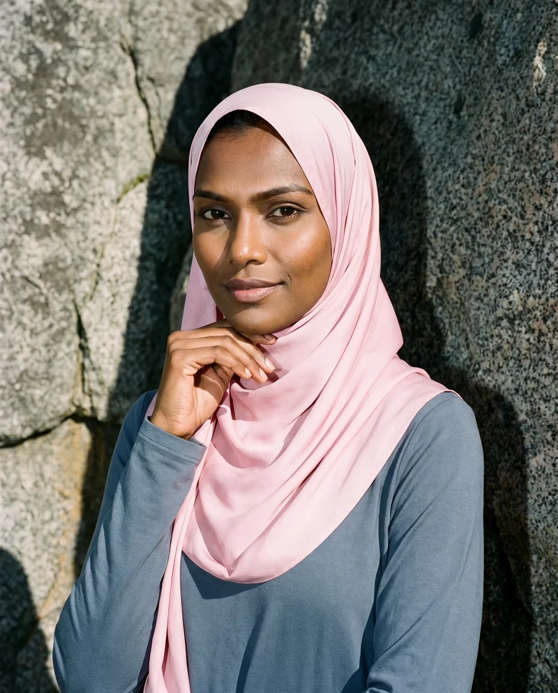 Blush Pink Satin Hijab, Bust at Three-quarter, Flash Editorial lighting
