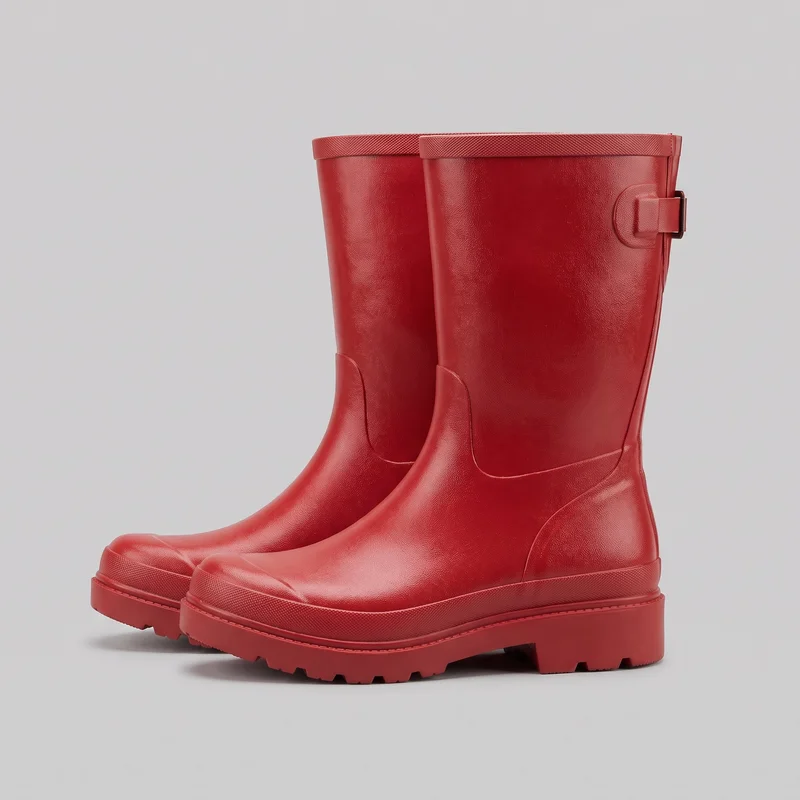 A pair of tall red rain boots is shown from a three-quarter side angle against an unspecified backdrop. Both boots have straight mid-calf to knee-high shafts, rounded closed toes, raised toe caps, curved vamp and side panel seams, low block heels, and thick lugged platform soles. Textured bands appear around the top rims and sole edges, with stitched-looking welt lines above the outsoles and adjustment straps with rectangular buckles near the outer upper shafts.
