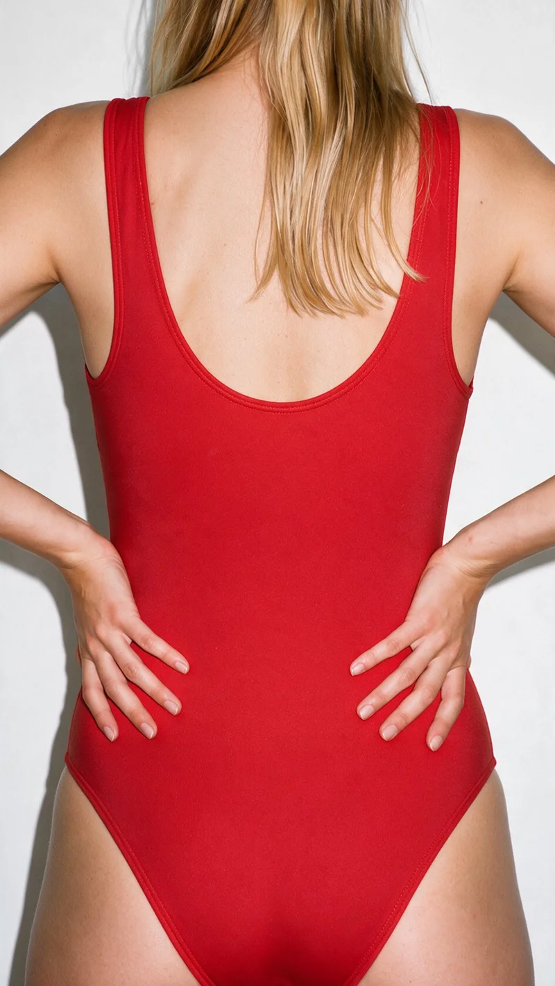A model is shown from the rear in a torso crop wearing a red plunge one-piece swimsuit, with her hands on her hips. The swimsuit is presented against a pure white studio backdrop.