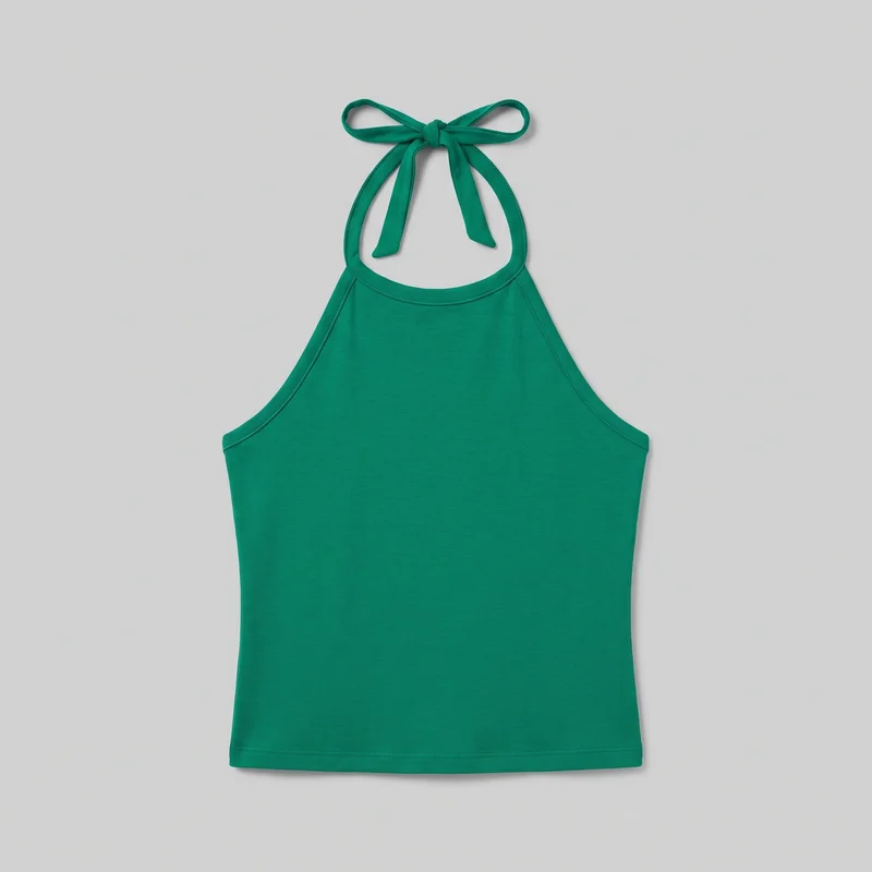 Emerald green women's halter tank top shown as a flat standalone front view. The sleeveless, close-fitting top has a high curved neckline, exposed shoulders, halter straps tied in a bow behind the neck, a cropped-to-waist length, and a straight bottom hem.