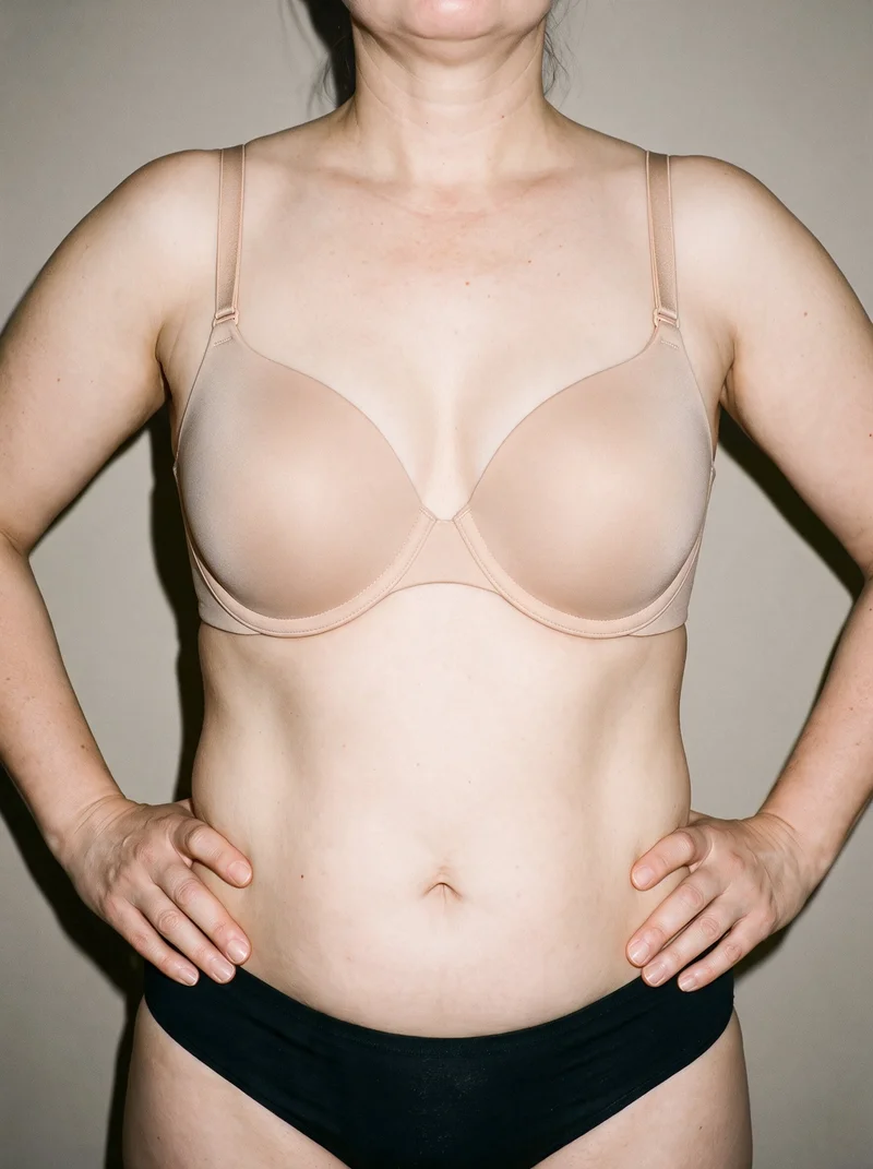 A female model is shown from the torso up in a front view, wearing a nude push-up bra with her hands on her hips. A greige studio-wall backdrop frames the clean composition.