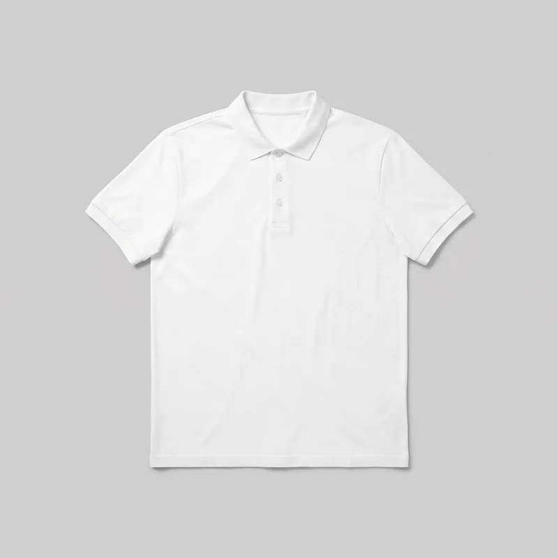 A mostly complete front view of a white short-sleeve polo shirt laid flat. It has a fold-over pointed collar, three visible buttons on a centered partial placket, set-in sleeves with hem bands, a regular straight silhouette, and a straight bottom hem. No logos, prints, patches, embroidery, or embellishments are visible.
