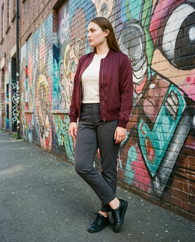 An 18-year-old Caucasian woman is shown full body in side view wearing a burgundy satin bomber jacket, standing with her ankles crossed and a confident expression. An alley backdrop with a massive street mural is visible behind her.