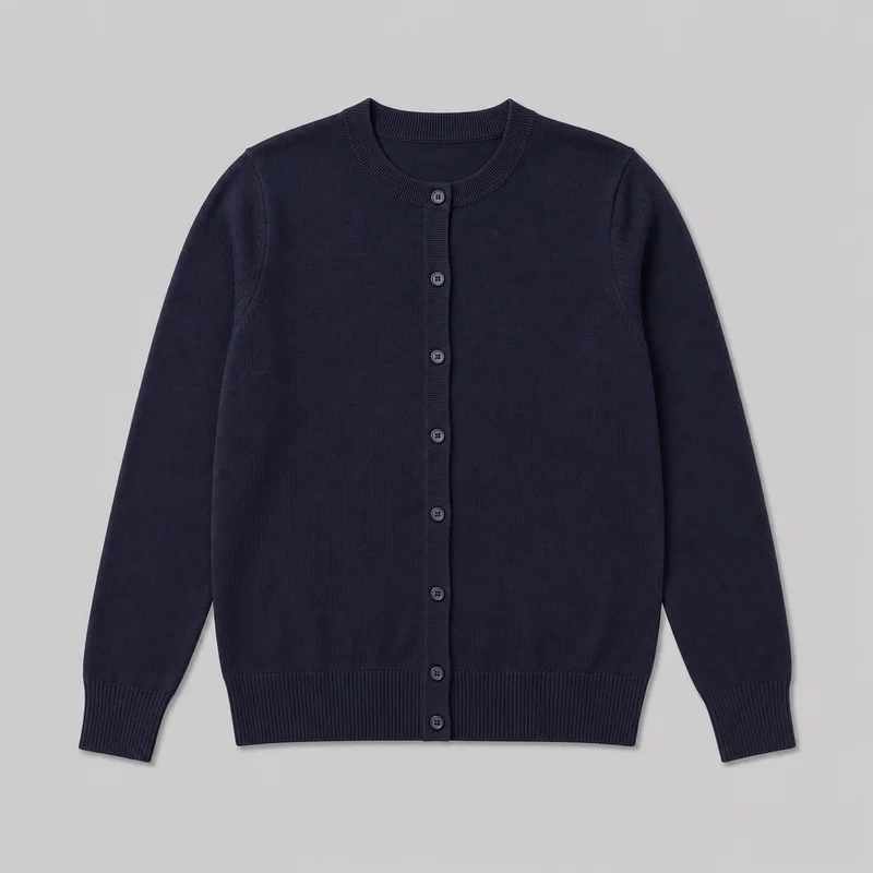 A complete front view of a navy wool cardigan laid flat against an unspecified backdrop. The regular-fit knit cardigan has a crew neckline, long sleeves, a straight body and full lower hem, with a centered ribbed button placket, ribbed neckband, wide ribbed cuffs, and a wide ribbed waistband.