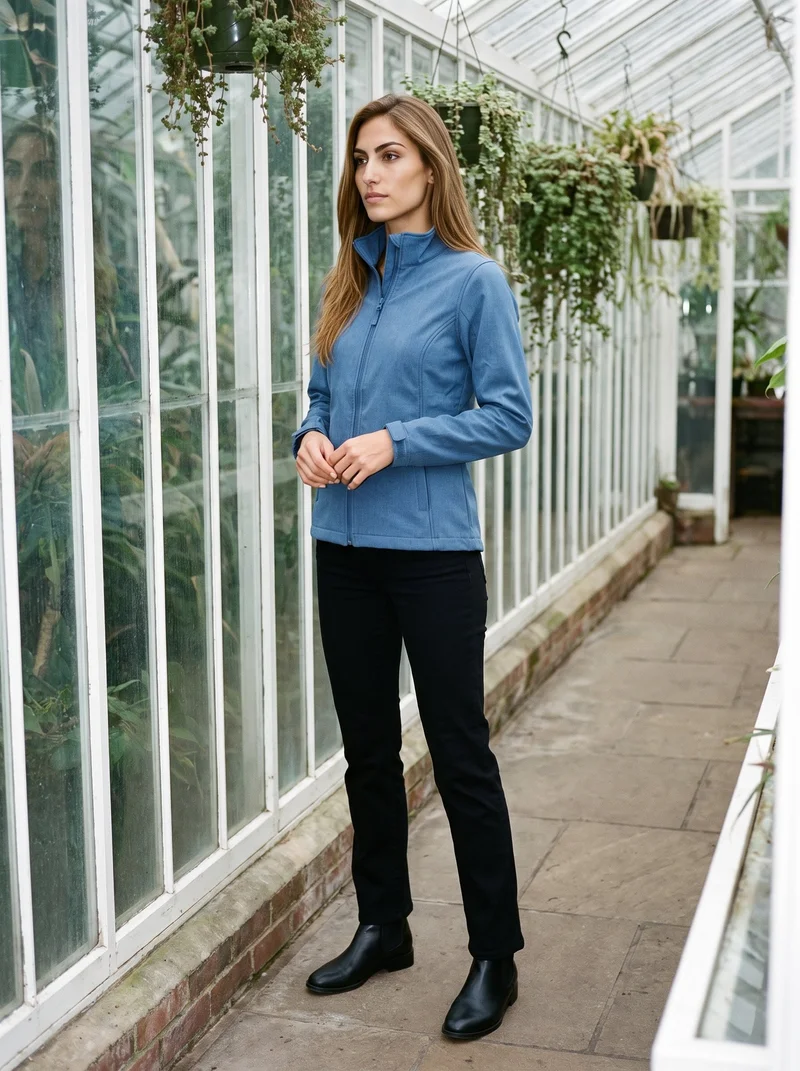 A 24-year-old Caucasian woman wears a blue softshell jacket in a full-body, angled-front view. Her hands are held in front, and she has a neutral expression. A greenhouse conservatory forms the backdrop.