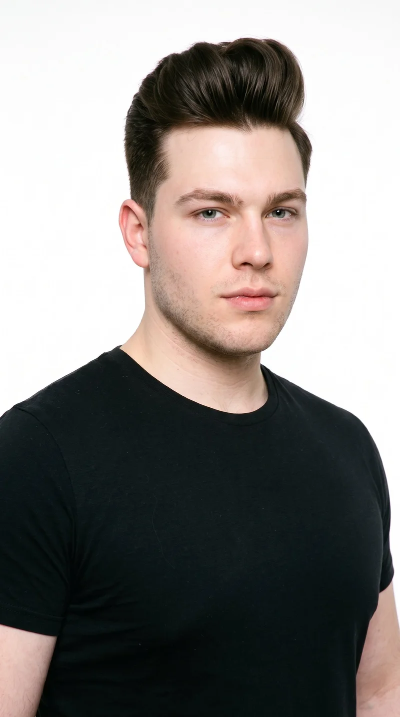 A 23-year-old Caucasian man with very pale skin and a neutral undertone has a smooth, even face with soft, refined features. His thick eyebrows frame cool, clear grey eyes, and his medium lips balance the face. His dark-brown hair is swept upward and back in a pompadour with pronounced volume above the forehead. Fine, closely trimmed stubble lightly covers the beard area.