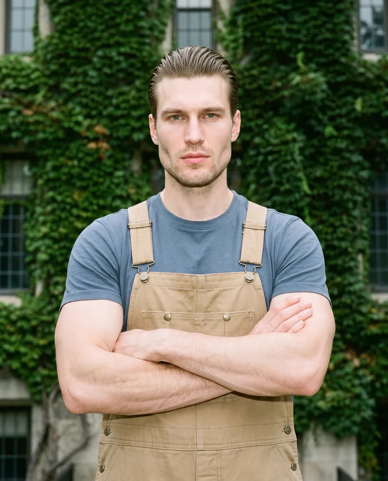 Men's Khaki Utility Dungarees, Upper body at Front, Clean Catalog lighting