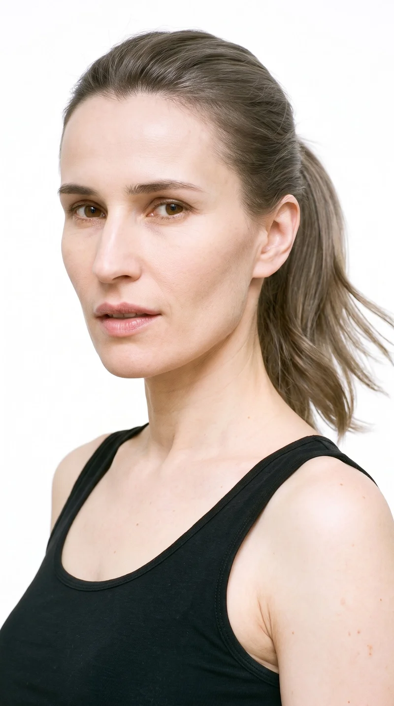 This 39-year-old Slavic woman has porcelain skin with a neutral undertone. Her square face has a strong, defined jaw, a broad forehead, and an angular, structured appearance. She has thick eyebrows, hazel eyes with green-gold flecks, and medium lips. Her cool-toned ash-brown hair is tied back into a ponytail with a single length falling behind.