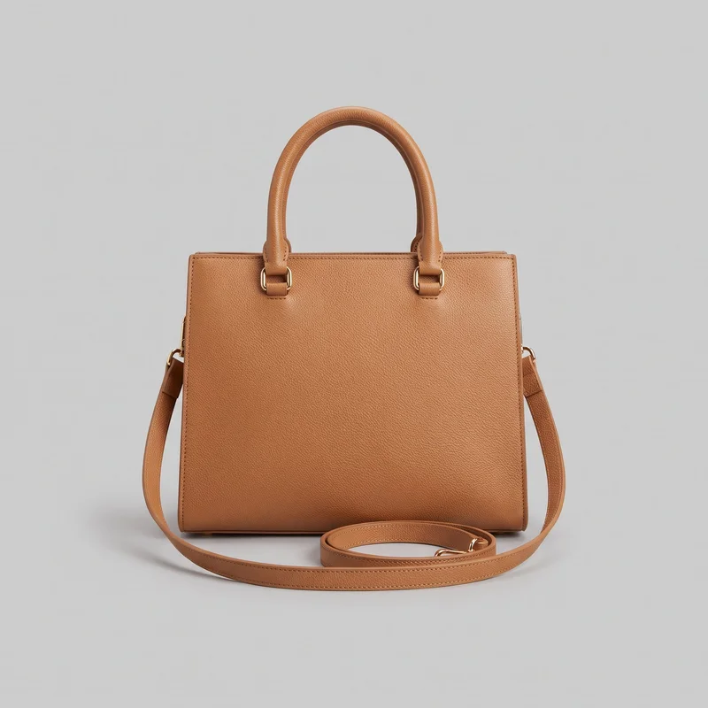 Tan structured rectangular tote bag with a boxy upright silhouette, pebbled exterior, clean edge piping, and visible stitching along the panel borders and handle tabs. Two rounded rolled top handles are attached with stitched tabs and oval metal loops, while a narrow detachable shoulder strap is connected at the sides and draped across the front base. A top-side zipper pull is partially visible.