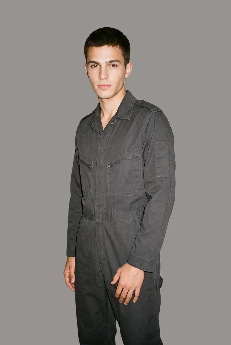 Men's Black Boilersuit, Three-quarter length at Front, Studio Cutout lighting