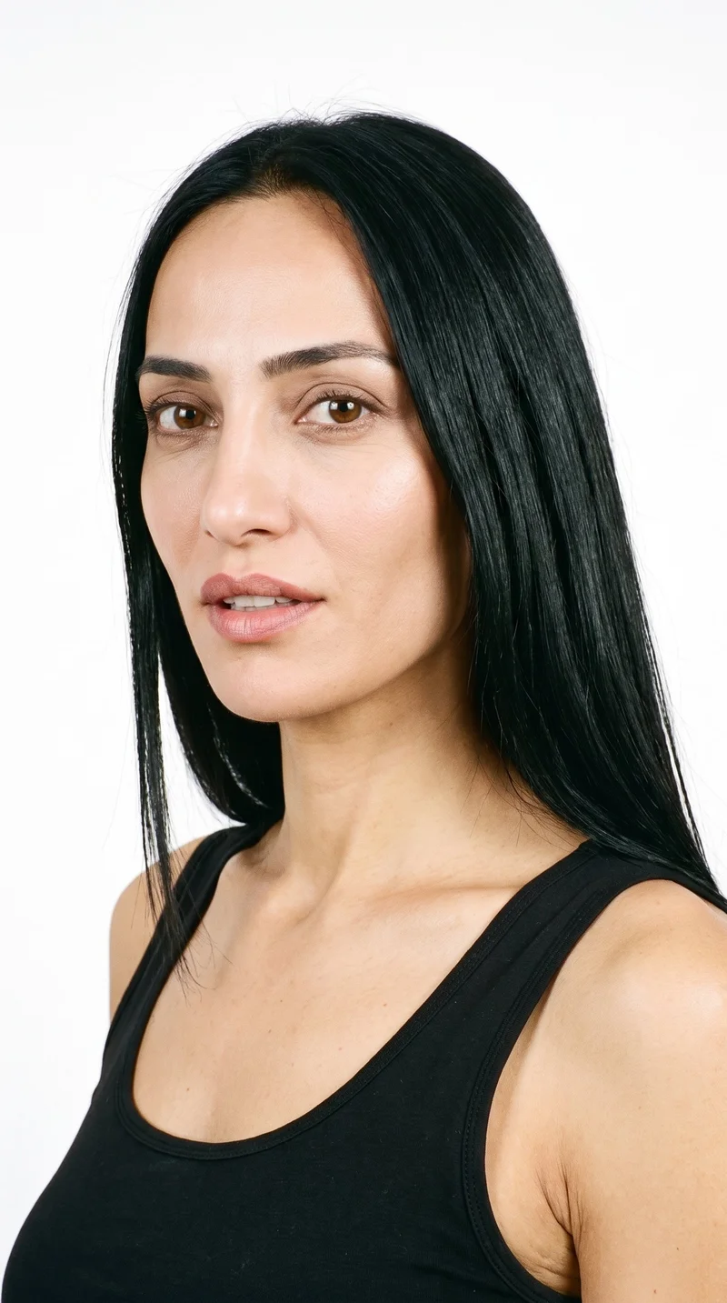 A 36-year-old Turkish woman with medium olive skin and a greenish-golden undertone. Her face is long, with more length than width, a tall forehead, and elongated cheeks. She has medium-thick eyebrows, brown eyes, and full lips. Her long, straight black hair falls without waves or layers.