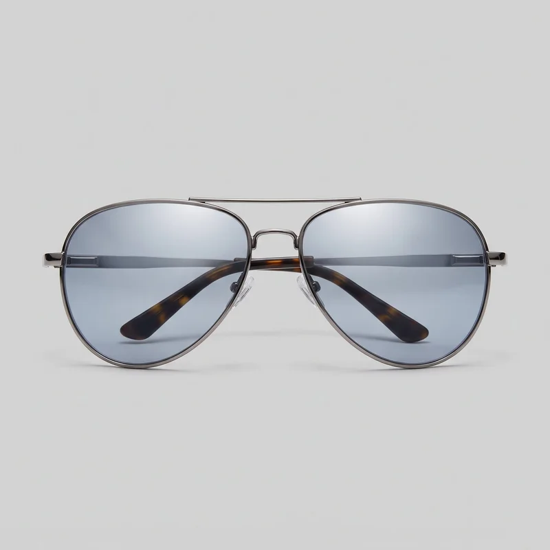 A complete front-facing view of men's aviator-style sunglasses shown as a standalone product. The sunglasses have a thin metal full-rim frame, a double bridge with a straight brow bar and curved nose bridge, large rounded teardrop lenses, clear adjustable nose pads, small outer hinge blocks, and slim folded-back temples with darker patterned curved tips visible behind the lenses.