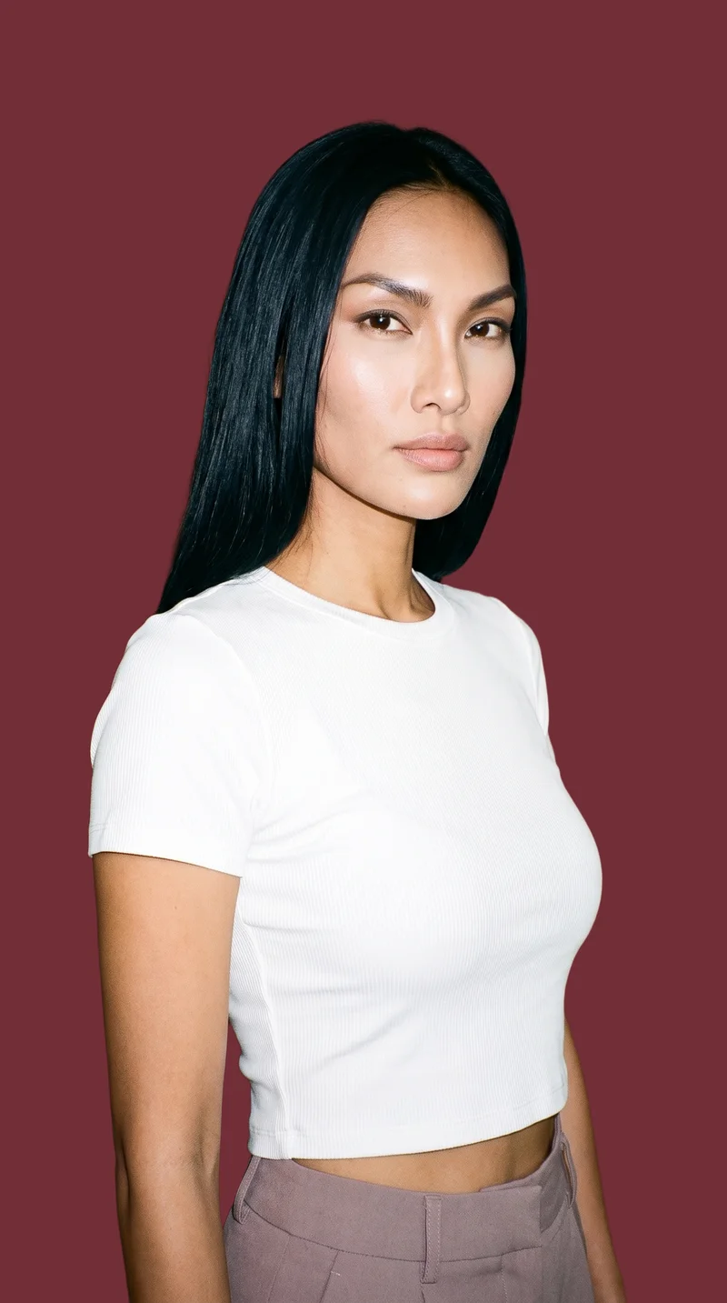 White Ribbed Crop Top, Upper body at Three-quarter, Studio Cutout lighting