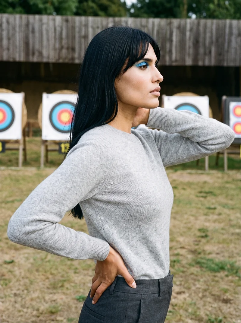 A 37-year-old Indian woman is shown from the upper body in side view, wearing a grey cashmere knit with one hand behind her neck. Her natural expression is visible against an archery range backdrop.