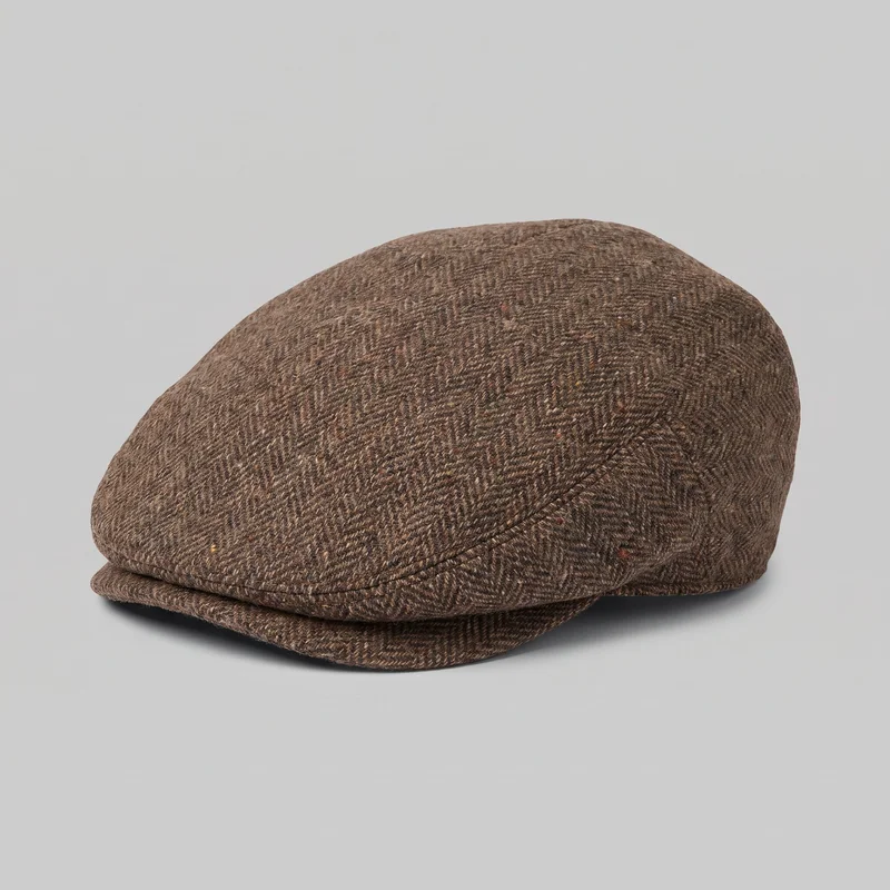 A men's brown tweed flat cap is shown alone from a front-side angle against a plain backdrop. The rounded paneled crown slopes forward over a partially visible front visor, with curved side seams, a stitched front edge, and a smooth back band contour. Its exterior has an all-over flecked herringbone weave, with no visible logos, closures, embroidery, patches, or other embellishments.