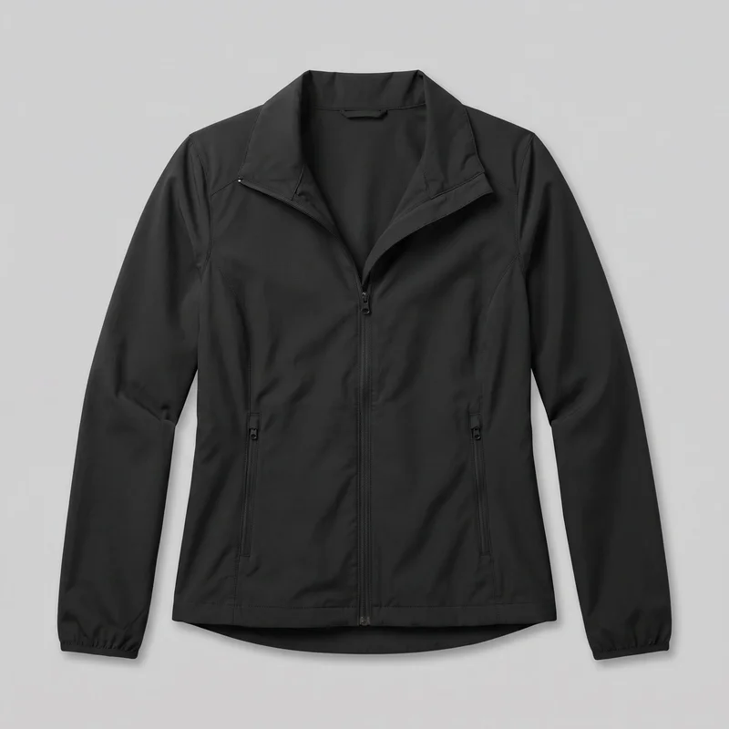 A mostly complete front view of a black women's windbreaker jacket laid flat against a backdrop. It has long sleeves, a folded stand-style collar, a partially open center-front zipper, two vertical zip hand pockets, curved princess-style seams, shoulder and yoke seam lines, narrow cuffs, and a slightly curved hem that is longer at the back.