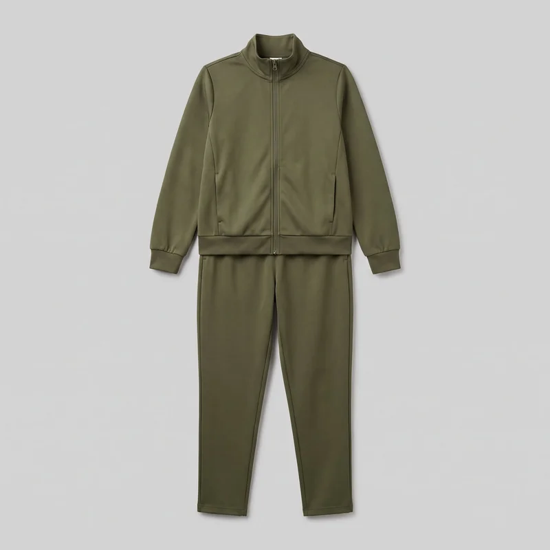 An olive two-piece women's tracksuit is laid flat in a front view, with the full-zip jacket overlapping the matching full-length pants. The jacket has a high stand collar, long sleeves with ribbed cuffs, a ribbed waistband hem, a center-front zipper with a ring pull, and two lower front welt or slash pockets set into the seams. The pants have visible side seams, a straight-to-tapered full-length shape, and plain hems. No logos, prints, embroidery, patches, or embellishments are visible.