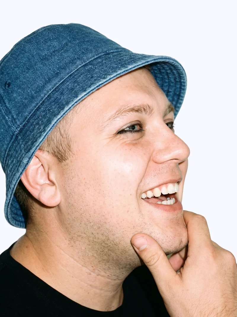 Men's Denim Bucket Hat, Head at Side, Studio Cutout lighting