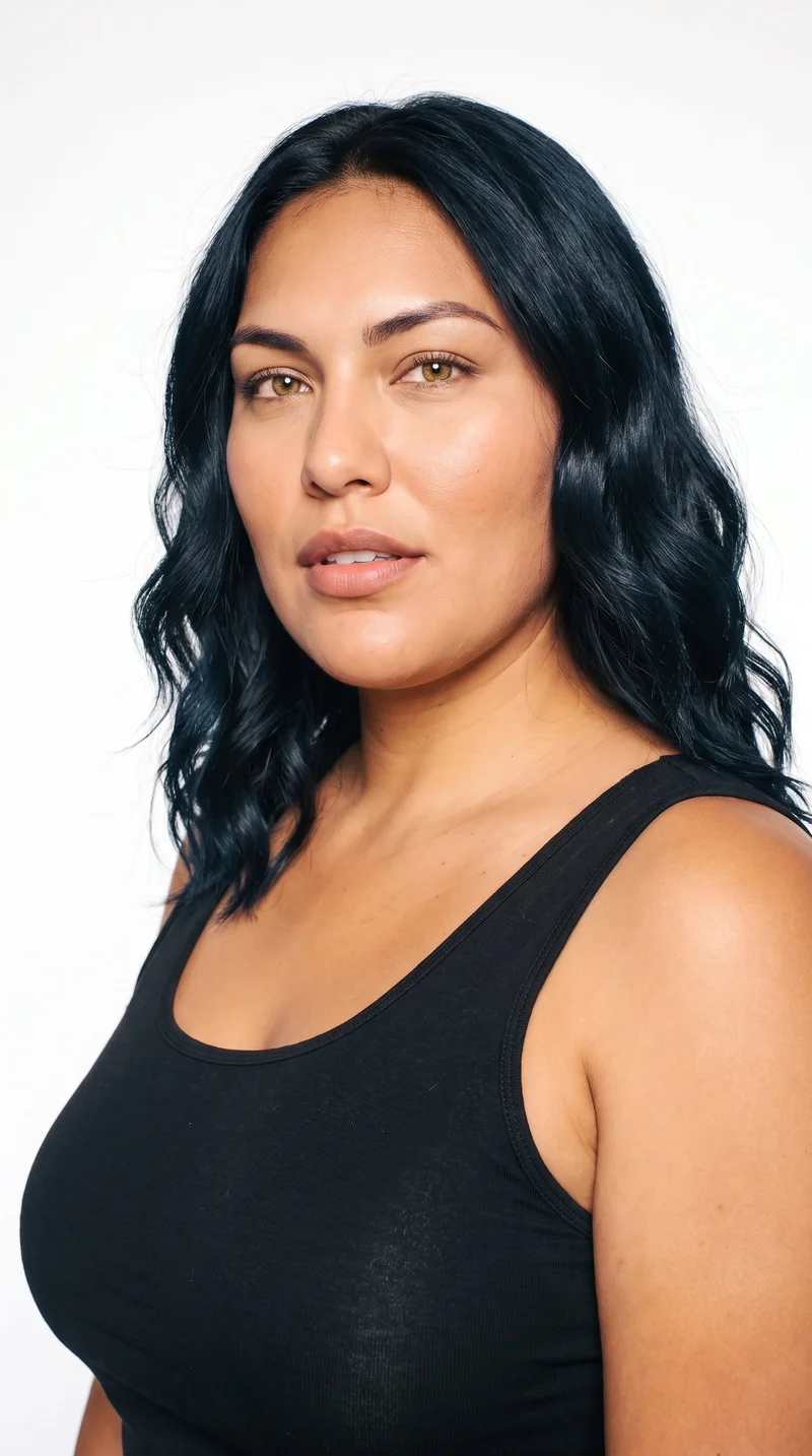 A 28-year-old Indigenous American woman with medium-brown caramel skin and a warm red-copper undertone. Her face has balanced oval proportions with a softly rounded jaw, medium-thickness eyebrows, hazel eyes with green-gold flecks, and full lips. Her black hair is styled in loose, slightly tousled waves with natural volume.