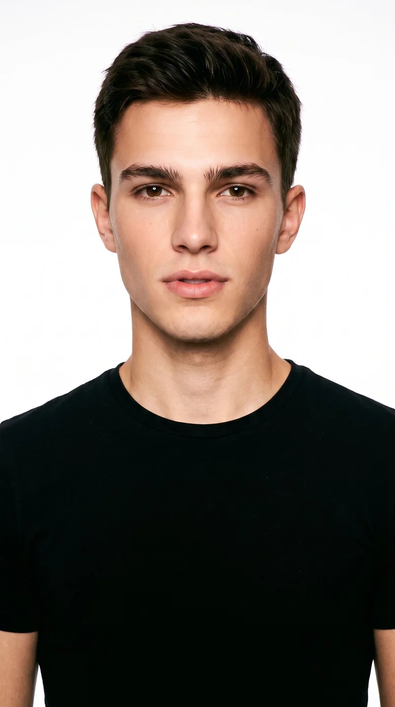 An 18-year-old Caucasian man has lightly tanned fair skin with a neutral undertone and a softly balanced, refined face shape. His eyebrows are thin, and his brown eyes are framed by smooth facial features. He has full lips and a short, tapered dark-brown crew cut that is slightly longer on top than at the sides. He is clean-shaven, with no facial hair.
