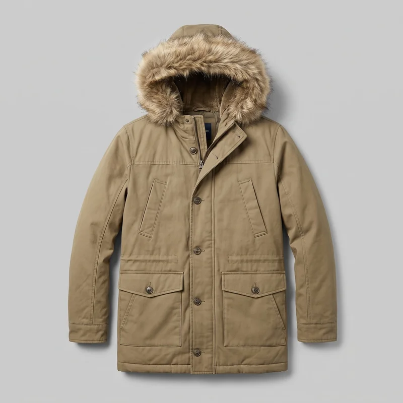 A men's khaki hooded parka is shown in a mostly complete front view, laid flat or ghost-displayed. It has a dense fur-textured trim around the hood, a high stand collar, long sleeves, a straight hem, and a mid-thigh length. The front zipper is covered by a wide storm placket with visible buttons and buttonholes, partly open near the upper chest. Shoulder and chest seam panels, stitched sleeve seams, two upper angled welt pockets, and two lower patch pockets with pointed button-flap closures and side hand-entry openings are visible.