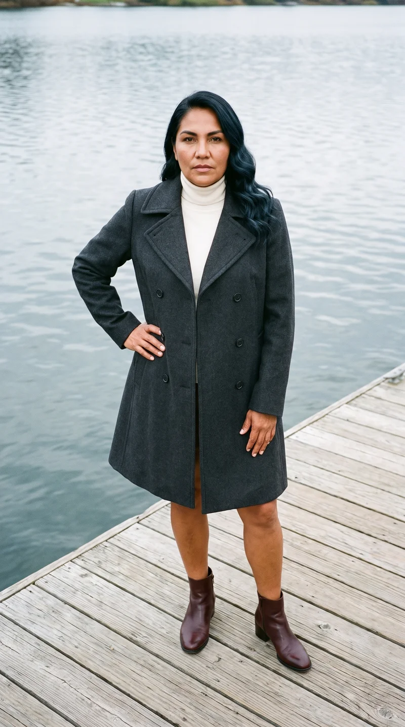 A 58-year-old Indigenous American woman wears a women's charcoal overcoat in a full-body front view. She stands with one hand on her hip and a neutral expression, with a lakeside dock serving as the backdrop.