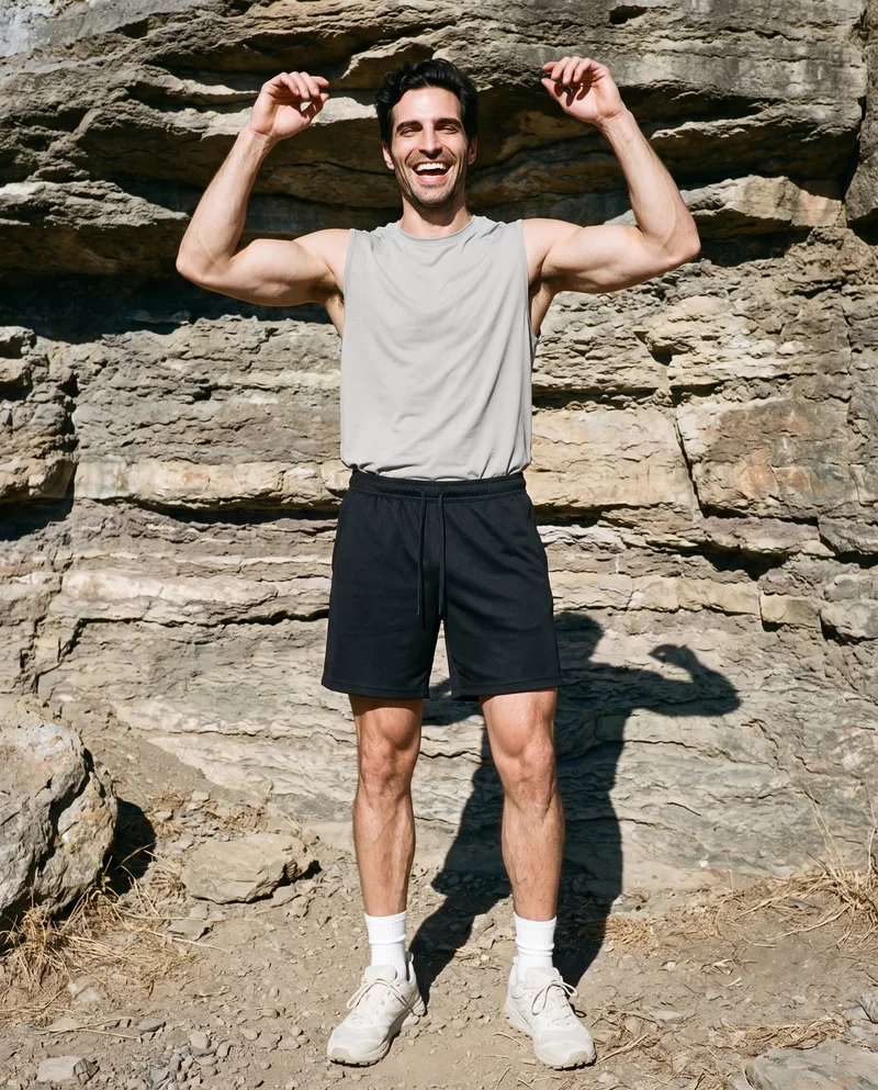 Men's Black Training Shorts, Full body at Front, Flash Editorial lighting