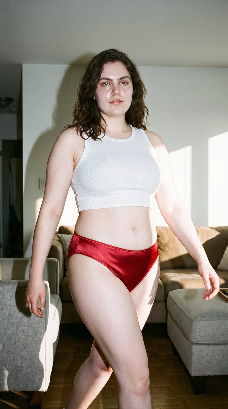 A 29-year-old Caucasian woman wearing red satin knickers is shown in a three-quarter-length front view while walking, with a neutral expression. A home living room forms the backdrop.