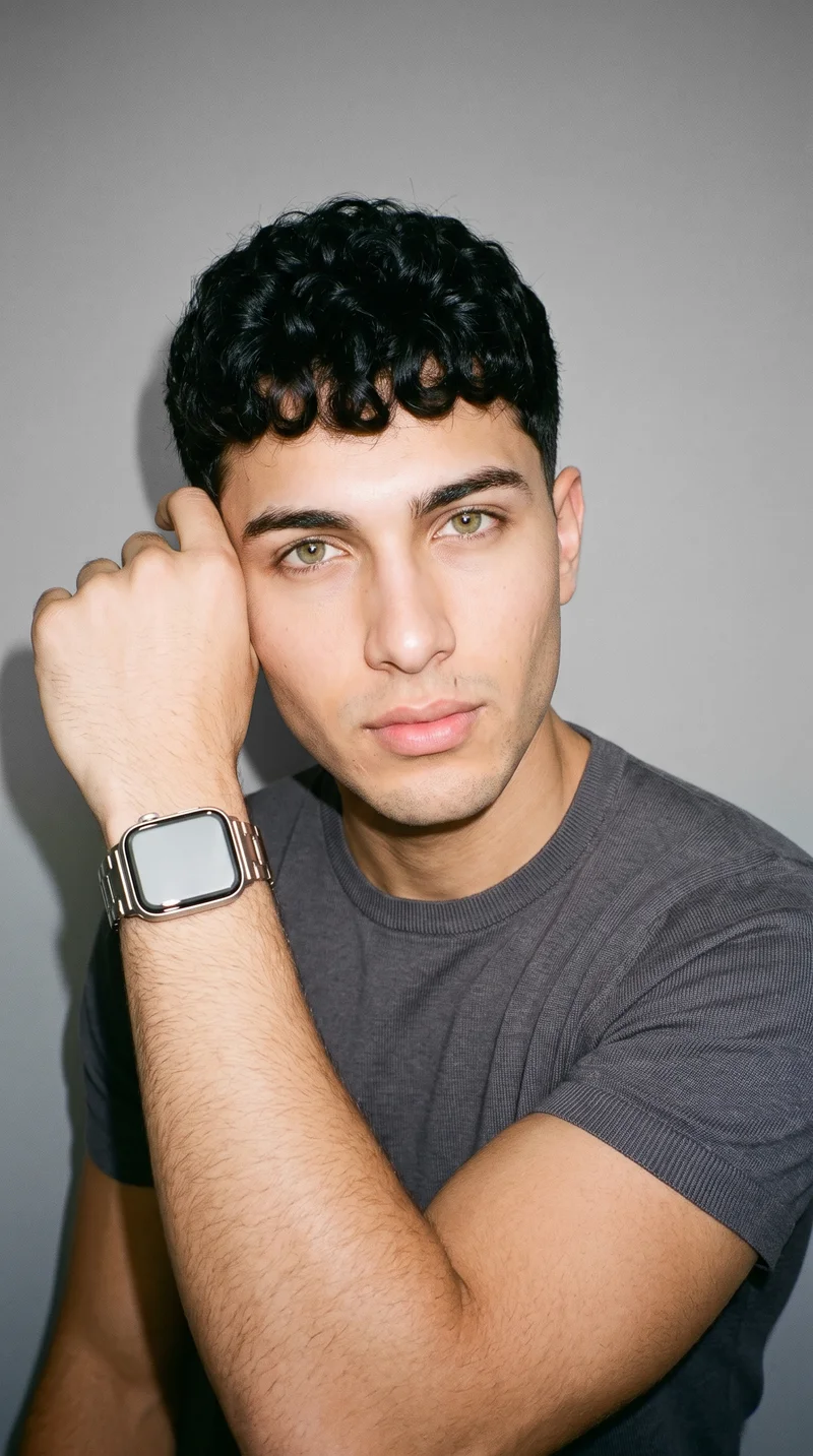 A 21-year-old Caucasian man is shown in an upper-body front view with one hand at his temple and a natural facial expression. He wears a silver smartwatch against a Pebble Grey studio-wall backdrop.