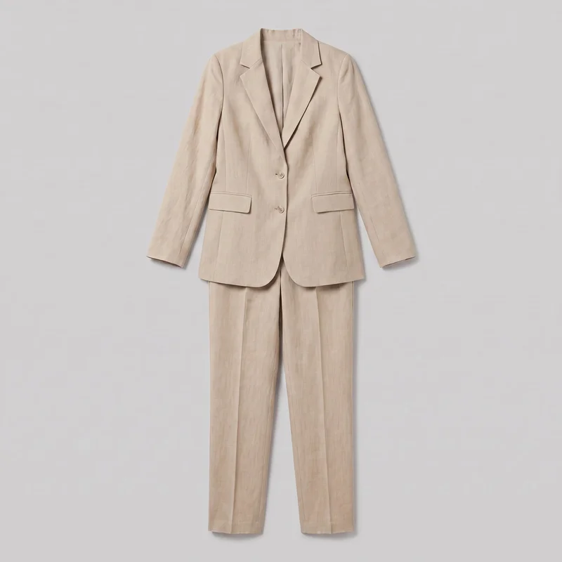 A beige linen two-piece trouser suit is shown front-facing as a standalone product, laid flat or ghost-displayed. The coordinated set includes a structured single-breasted blazer with notched lapels, long sleeves, lightly shaped front seams, a curved front hem, two visible buttons, and two horizontal flap pockets. Straight full-length trousers extend beneath the blazer with visible front creases and plain hems.