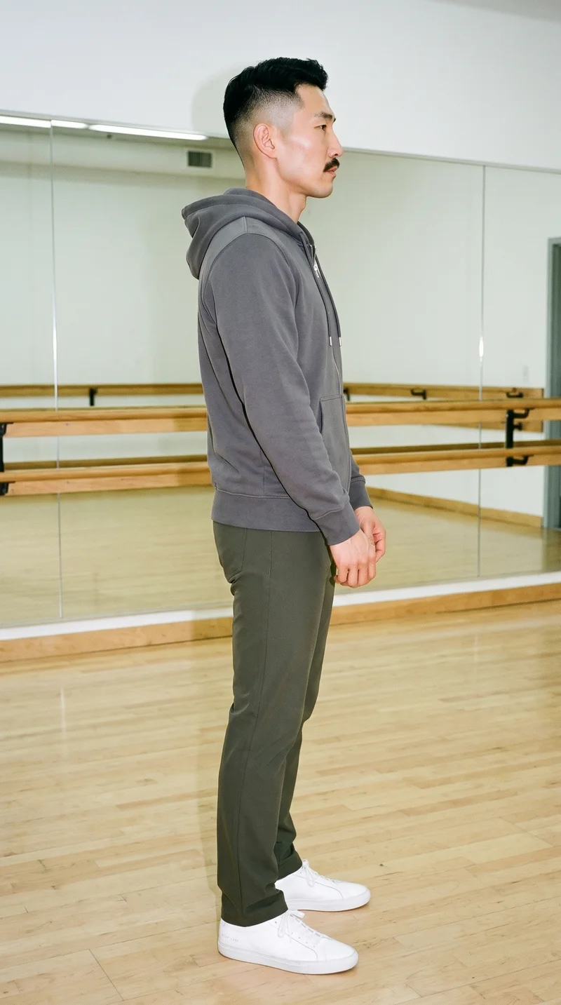 A 46-year-old Korean man wears a charcoal cotton zip-up hoodie in a full-body side view, standing with his hands in front and a soft facial expression. A dance studio serves as the backdrop.