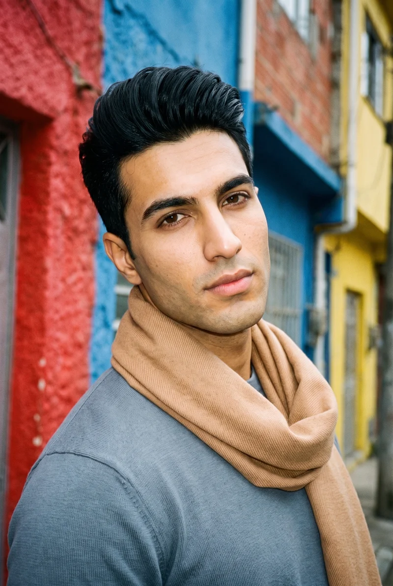 Men's Camel Cashmere Scarf, Bust at Three-quarter, Natural E-Commerce lighting