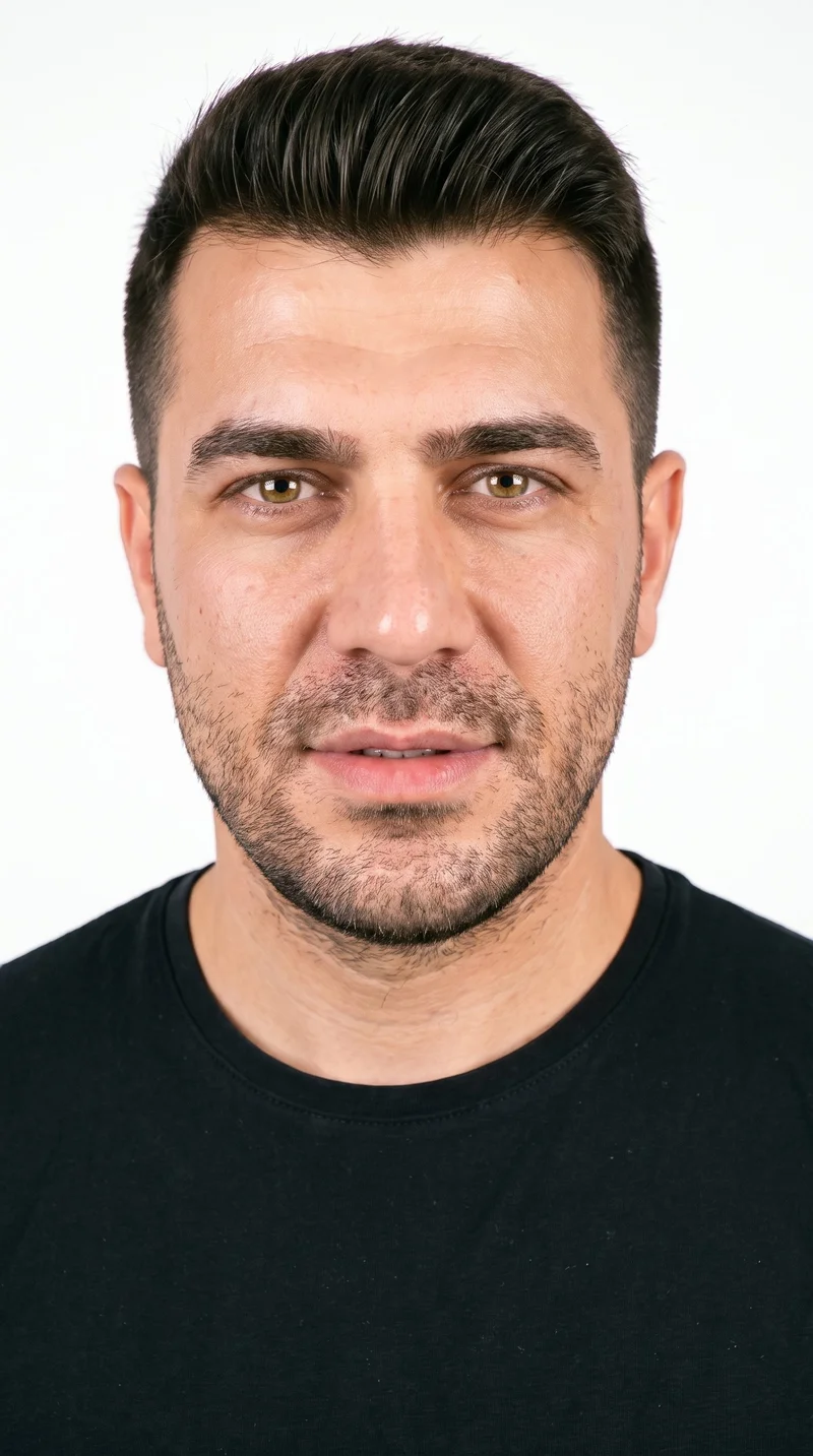 A 42-year-old Turkish man with lightly tanned skin and a warm golden undertone has a rugged, weathered face with a heavy jaw. His thick eyebrows frame amber eyes with a golden tone, and he has full lips. His dark-brown hair is styled with short sides and back and a longer, fuller top. Dense heavy stubble forms a dark, defined layer across the beard area.