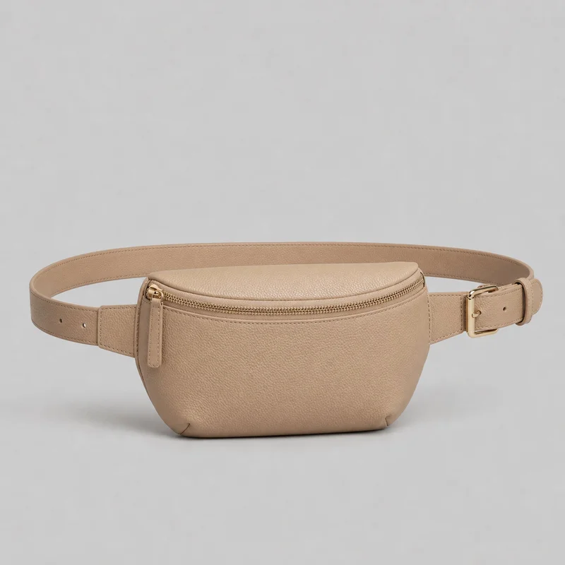 A standalone beige waist belt bag with a curved pouch body and rounded top panel. Its front has an arched zip opening with a side pull tab, stitched edge seams, side strap attachment panels, and folded lower corner details. The adjustable belt strap extends around the pouch and includes punched adjustment holes, a rectangular buckle, a belt keeper loop, and visible topstitching.