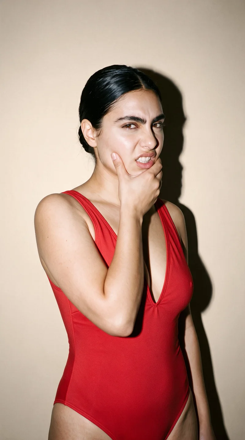 A 25-year-old Arab woman wears a red plunge one-piece swimsuit in an upper-body, angled front view. Her wrist is held at her jaw, with an intense facial expression, against a warm beige studio-wall backdrop.