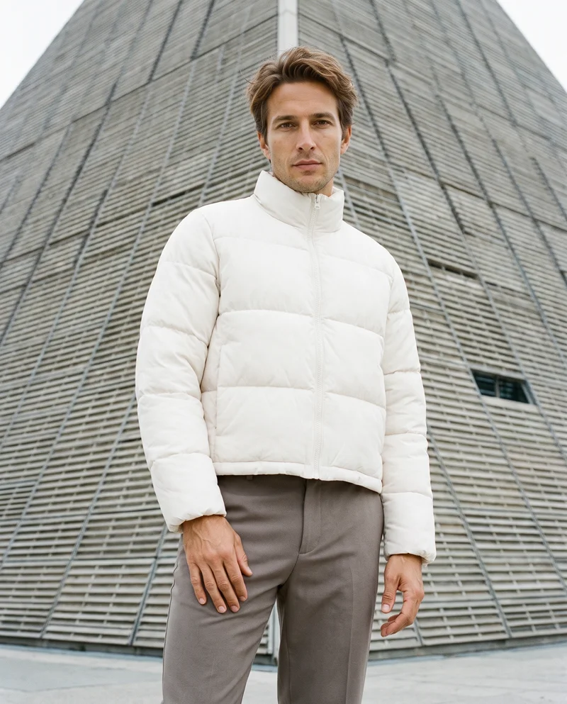 Men's Cream Cropped Puffer Jacket, Three-quarter length at Front, Clean Catalog lighting