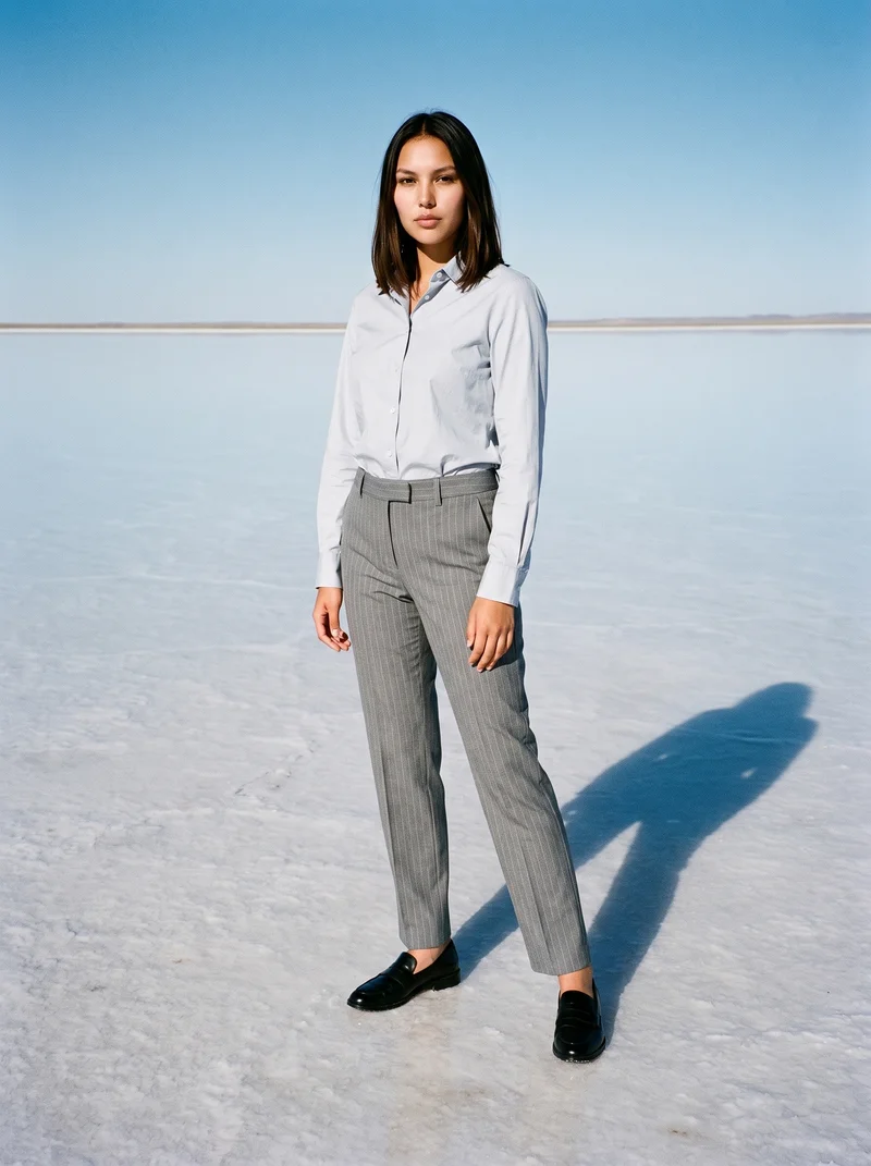 Women's Grey Pinstripe Suit Trousers, Full body at Three-quarter, Flash Editorial lighting