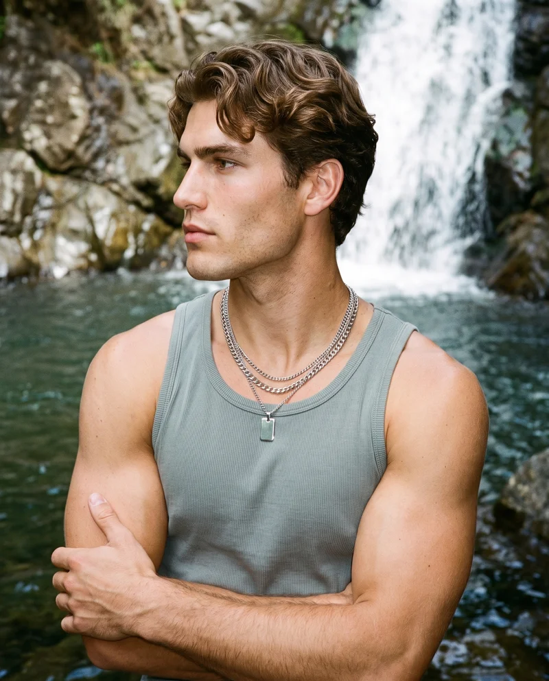 Men's Silver Layered Necklace, Upper body at Side, Natural E-Commerce lighting