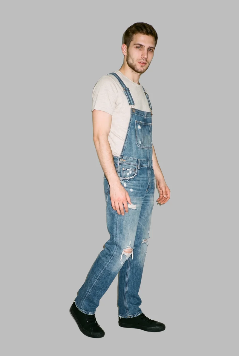 Men's Distressed Denim Dungarees, Full body at Three-quarter, Studio Cutout lighting