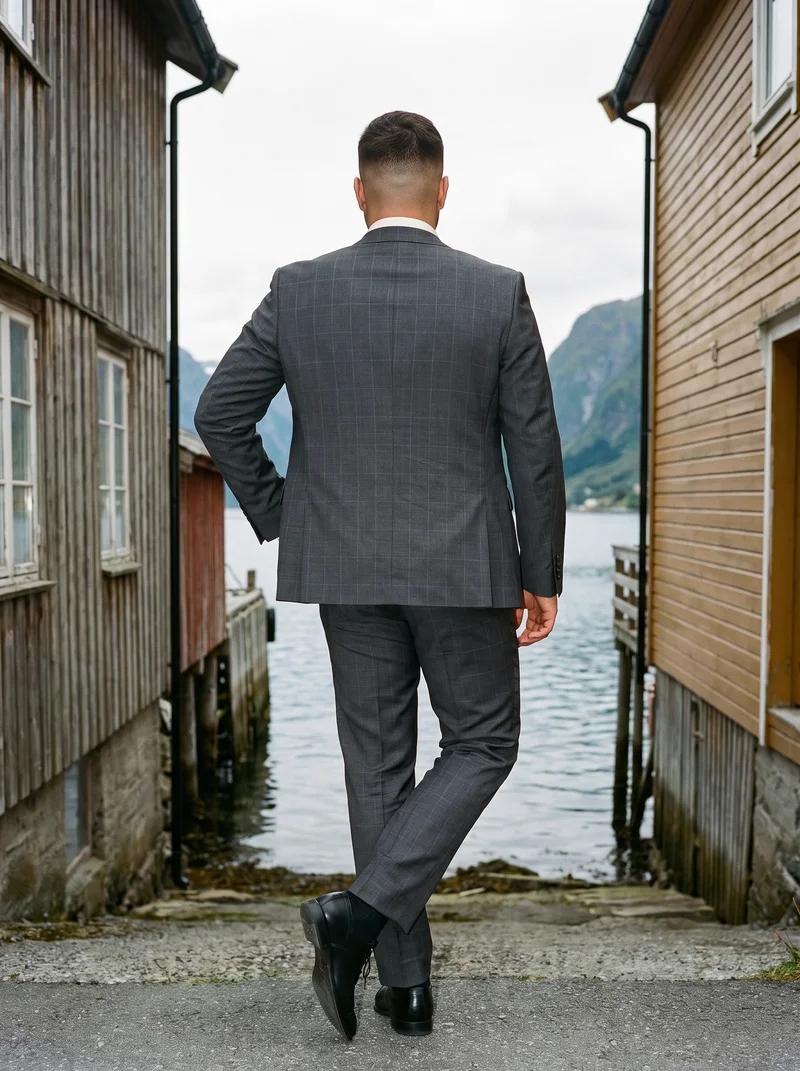 Men's Charcoal Grey Suit, Full body at Back, Clean Catalog lighting
