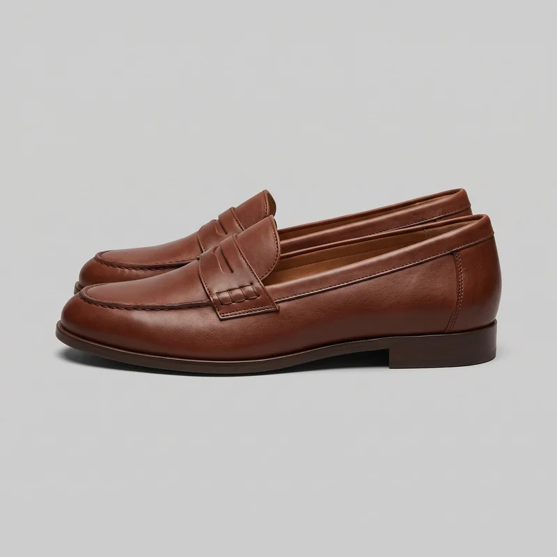 A pair of brown women's penny loafers is shown in a side three-quarter view, with the front shoe nearly complete and the rear shoe partially visible. The low-cut slip-on shoes have rounded moc toes with visible apron stitching, raised saddle straps with central penny slots, stitched toplines, heel-counter seams, narrow welt edges, low stacked block heels, and flat soles.