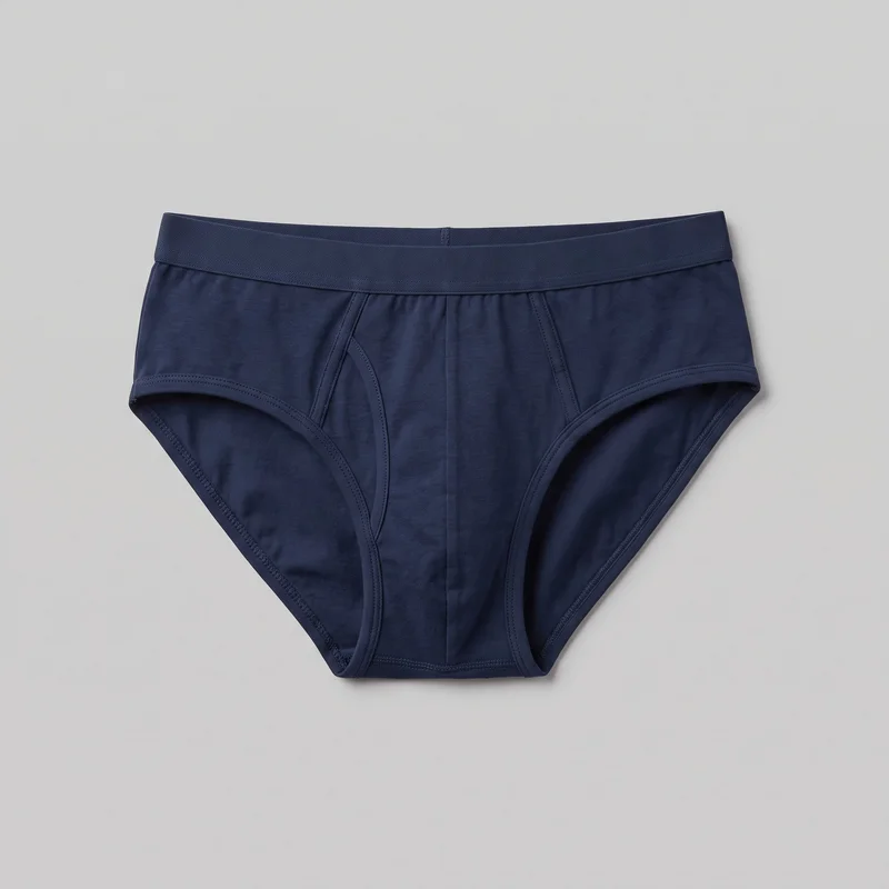 Navy men's brief underwear shown flat from the front. The compact brief has a low-rise straight waistband, full front pouch coverage with a vertical center seam and layered contoured panels, high-cut leg openings, and visible stitched binding and topstitching along the waistband, pouch edges, leg openings, and lower hem.