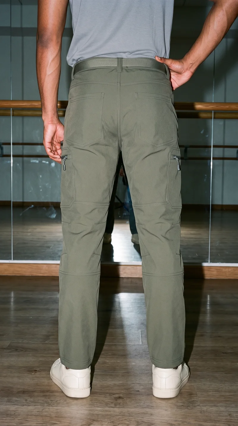 Men's olive softshell hiking trousers shown on a male model in a lower-body back view, with his hips turned. A dance studio backdrop is visible.