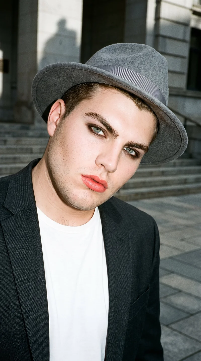 A 20-year-old Caucasian man wears a grey fedora in a front-view selfie. His head is tilted and his expression is serious, with the courthouse steps visible as the backdrop.