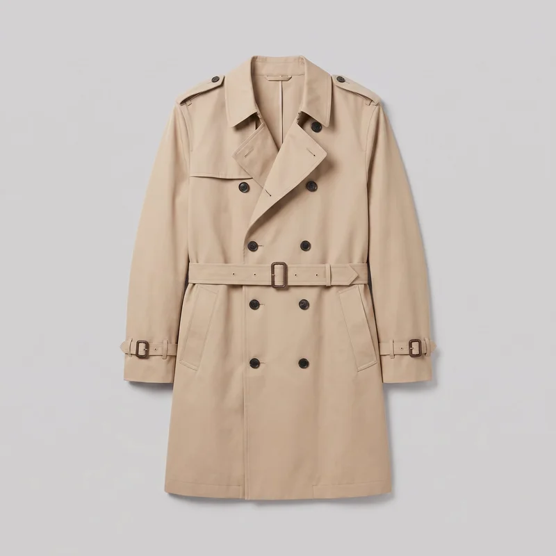A mostly complete front view of a men's beige classic trench coat laid or hung flat against a backdrop. The longline coat has a straight silhouette, wide pointed lapels, two vertical rows of buttons, shoulder epaulettes, a single storm flap, an integrated buckled waist belt, angled welt pockets, sleeve cuff straps with rectangular buckles, and a straight lower hem.