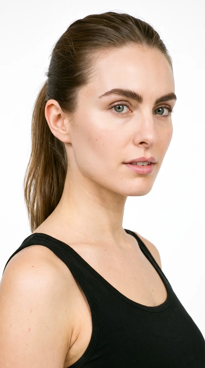 A 29-year-old Caucasian woman with fair skin and a warm golden undertone has an oval face with balanced proportions and a softly rounded jaw. Her thick eyebrows frame blue eyes with a cool undertone, and she has thin lips. Her brown hair is tied at the back into a single falling length.