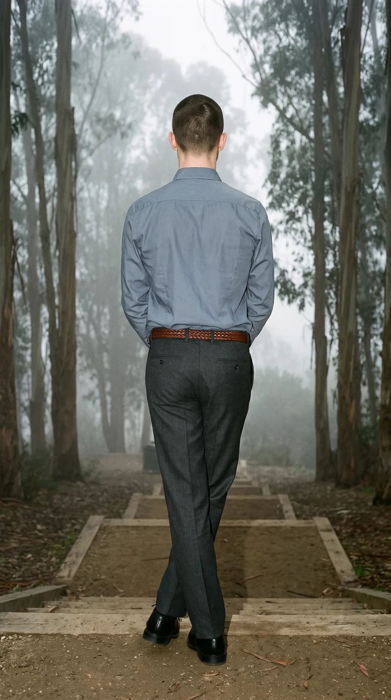 Men's Brown Braided Belt, Full body at Back, Flash Editorial lighting
