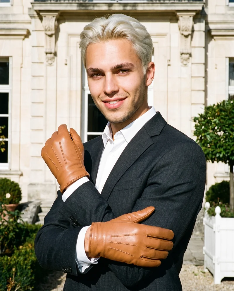 Men's Tan Driving Gloves, Upper body at Three-quarter, Flash Editorial lighting