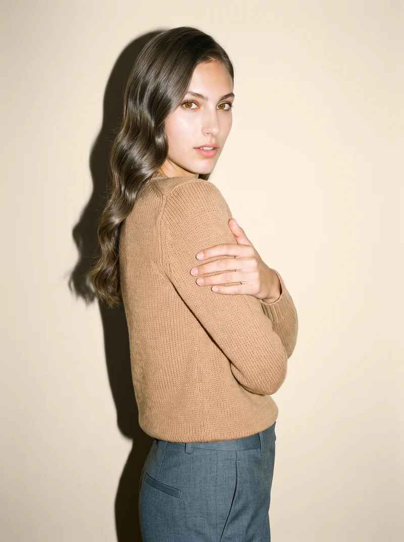 A 21-year-old Caucasian woman wears a camel knit pullover jumper in a three-quarter-length view from the front three-quarter angle. She poses with her arms in a self-hug and a natural expression against a linen natural studio-wall backdrop.