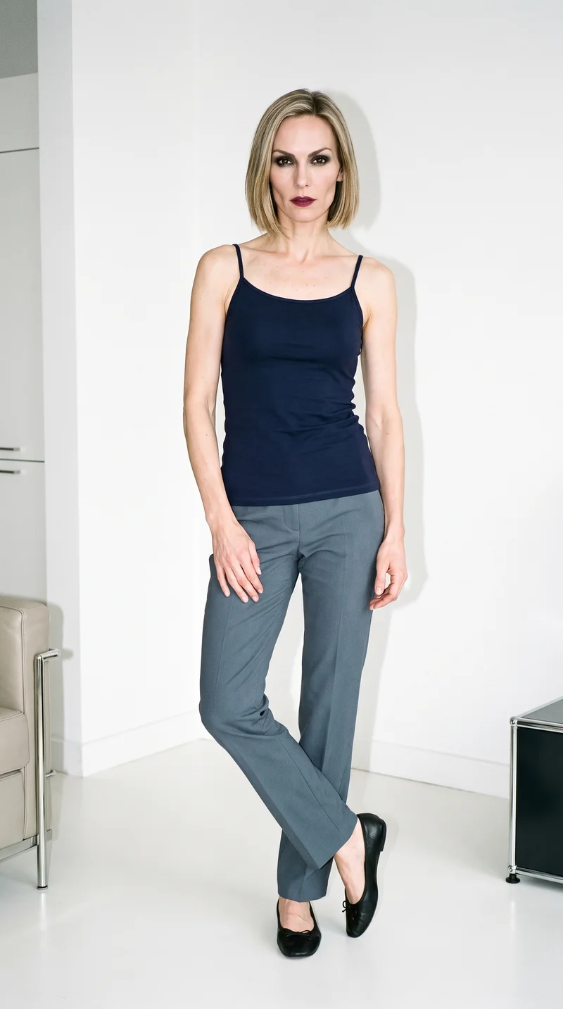 A 44-year-old Caucasian woman wears a navy cami top in a full-body front view, posing with one hip out and a natural expression. A minimalist apartment serves as the backdrop.